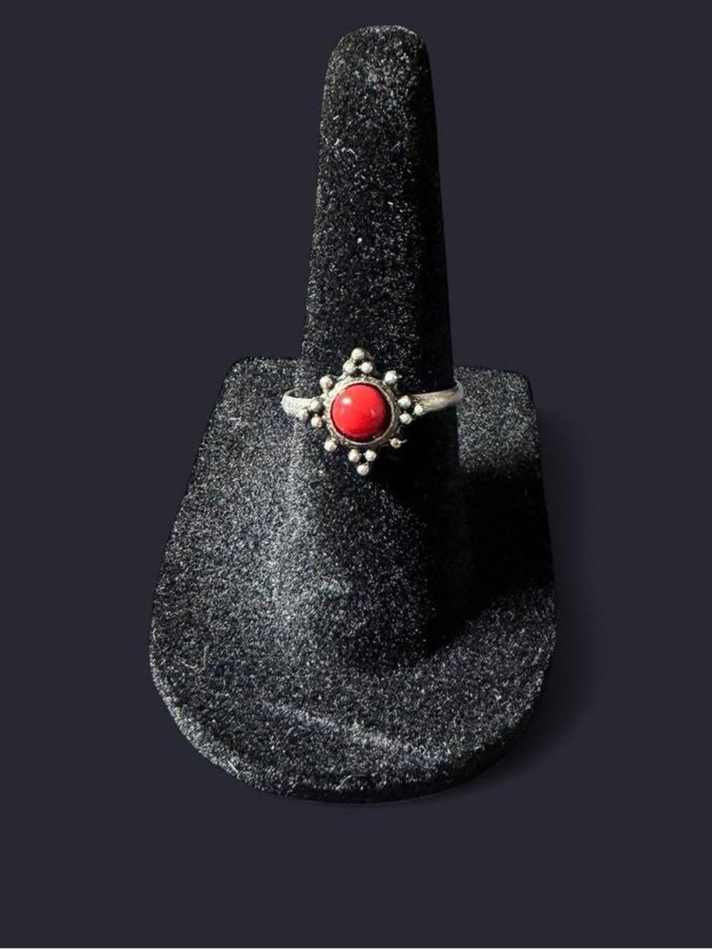 Silver Tone Red Cabochon Ring - Adjustable Size , Sits at a 5½